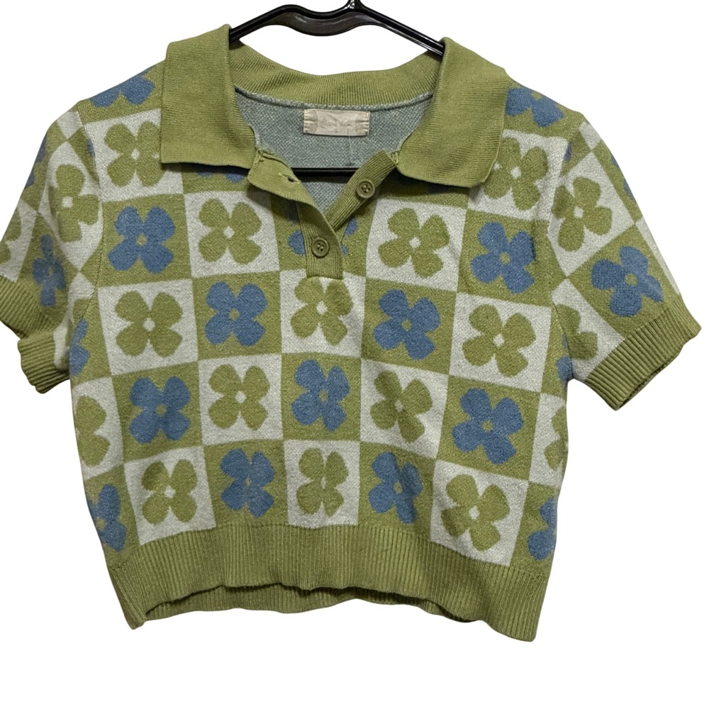 Altar'd State Floral Checkered Knit Polo Top Green Blue Y2K Cropped Sweater Smal